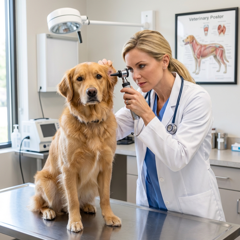 A real photo of a veterinarian examining a dog’s ear with an otoscope in a clinic room