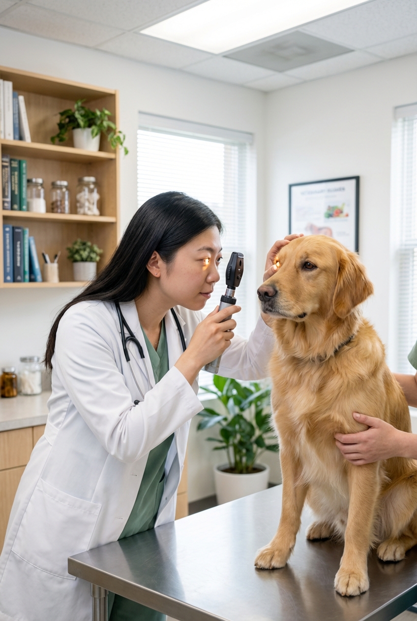 A real photo of a veterinarian examining a dog’s eye with an ophthalmoscope in a clinic room