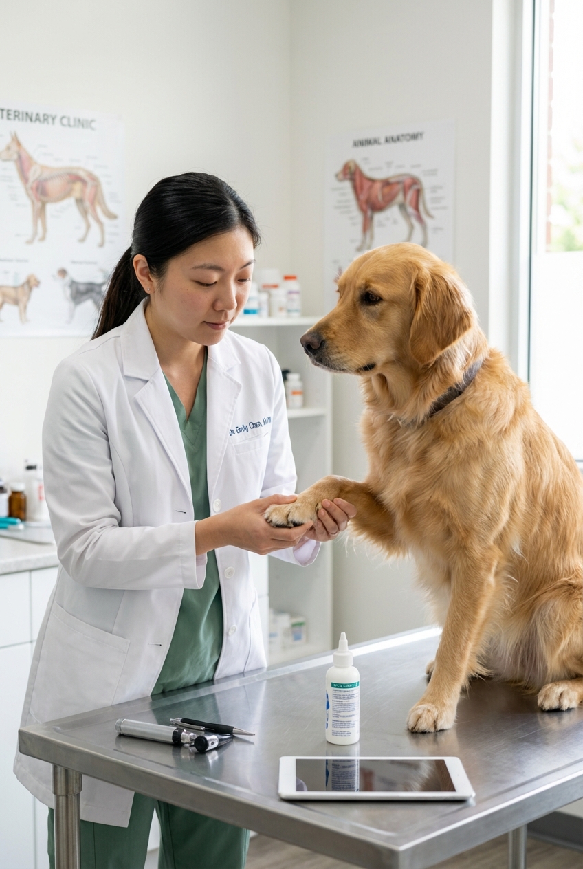 A real photo of a veterinarian examining a dog’s paw in a clinic exam room