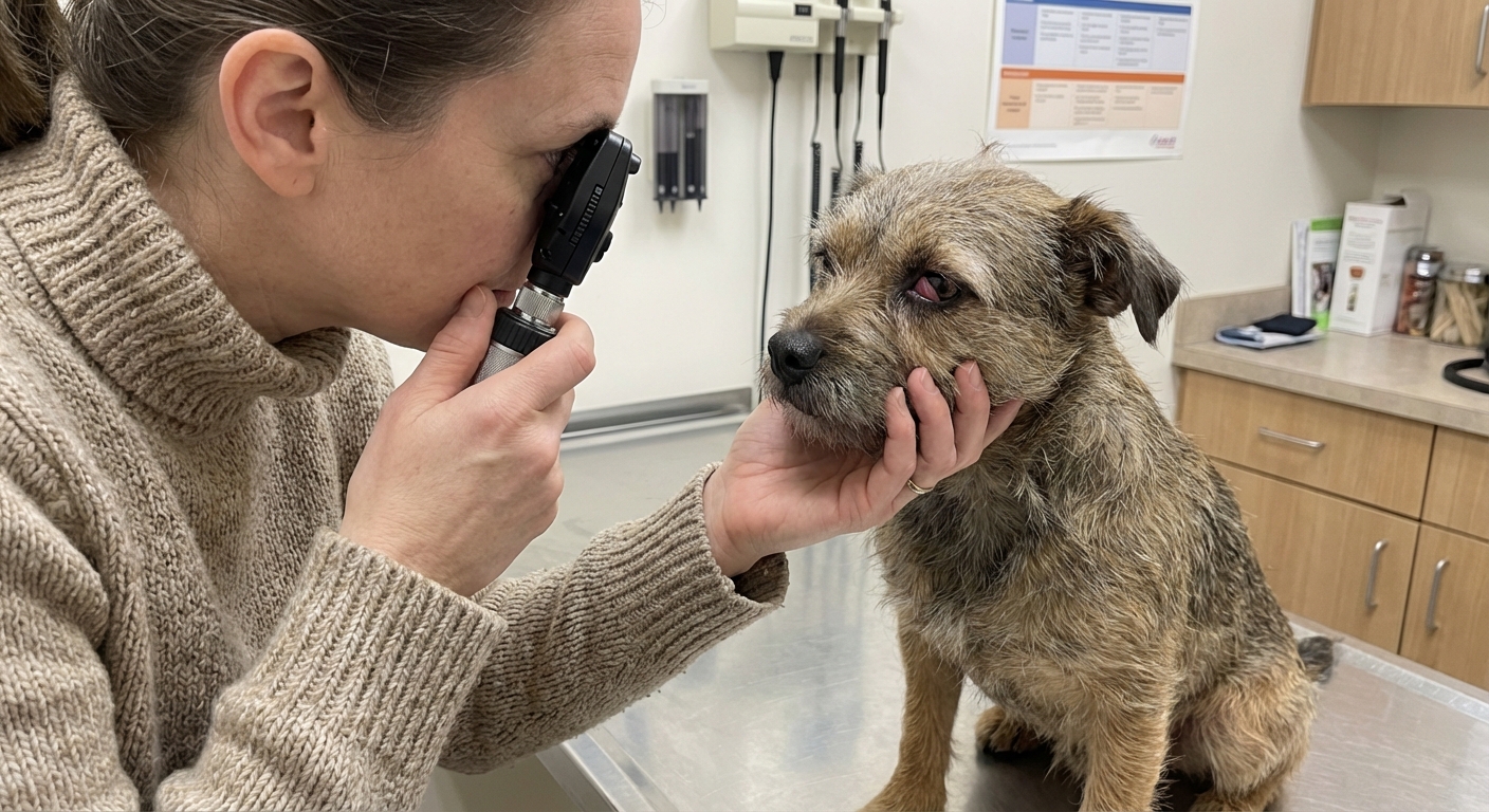 A real photo of a veterinarian examining a medium-sized dog’s eye in a clinic room with an ophthalmoscope