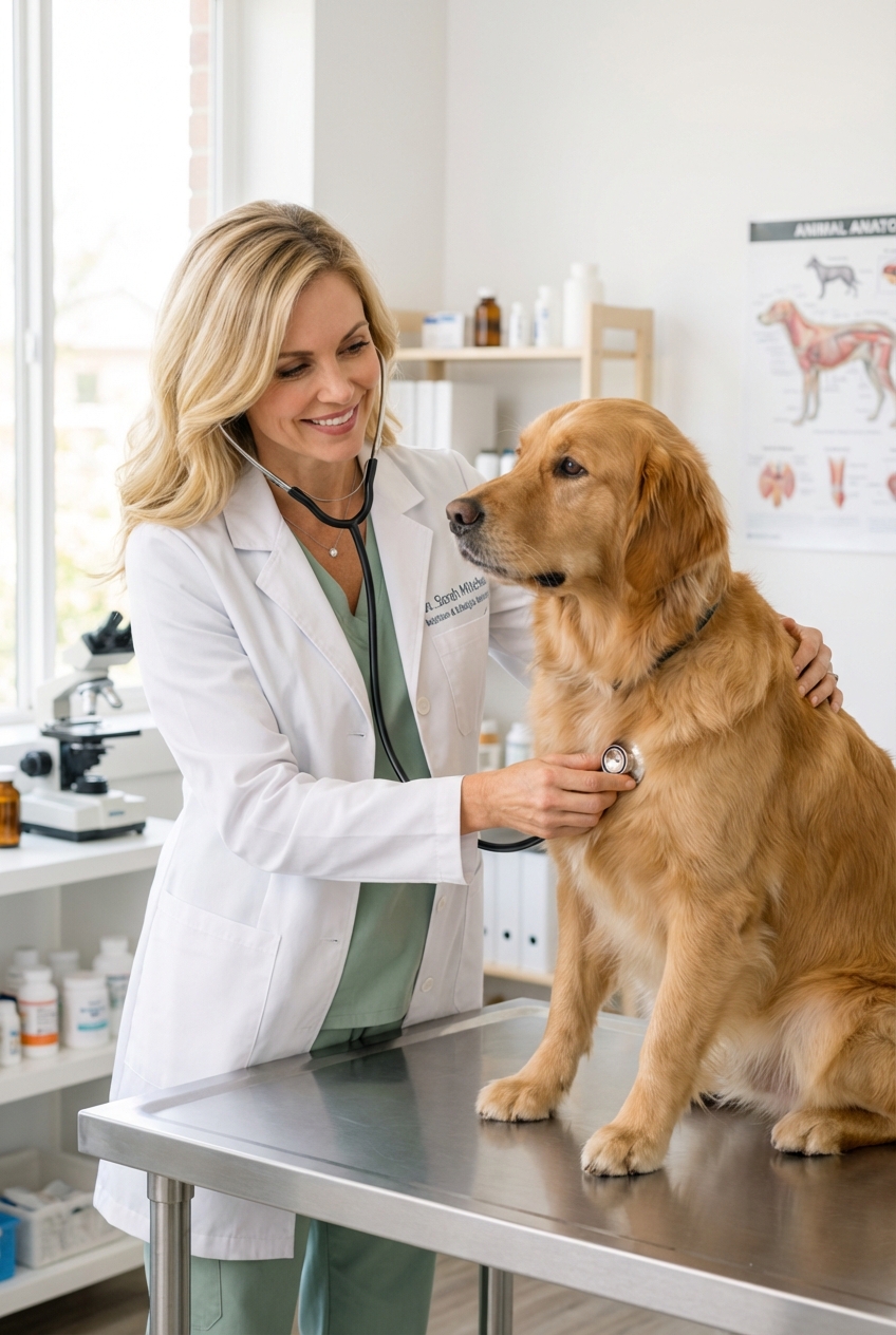 A real photo of a veterinarian gently examining a dog on an exam table in a bright clinic room