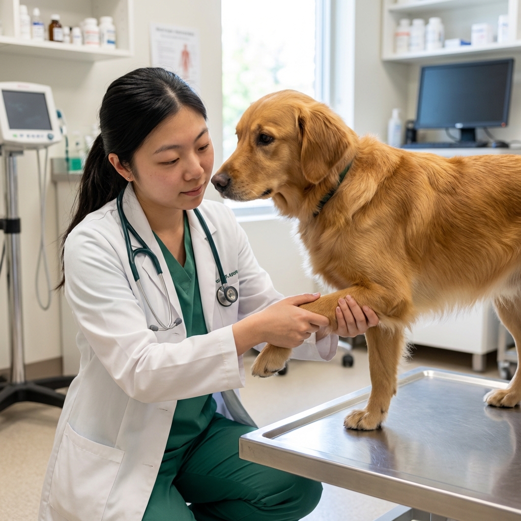 A real photo of a veterinarian gently examining a dog’s leg in a clinic exam room