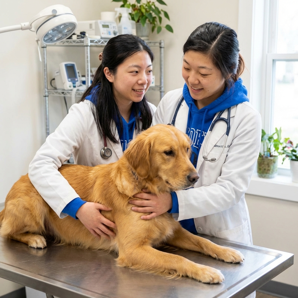 A real photo of a veterinarian gently examining a dog on an exam table in a bright clinic room
