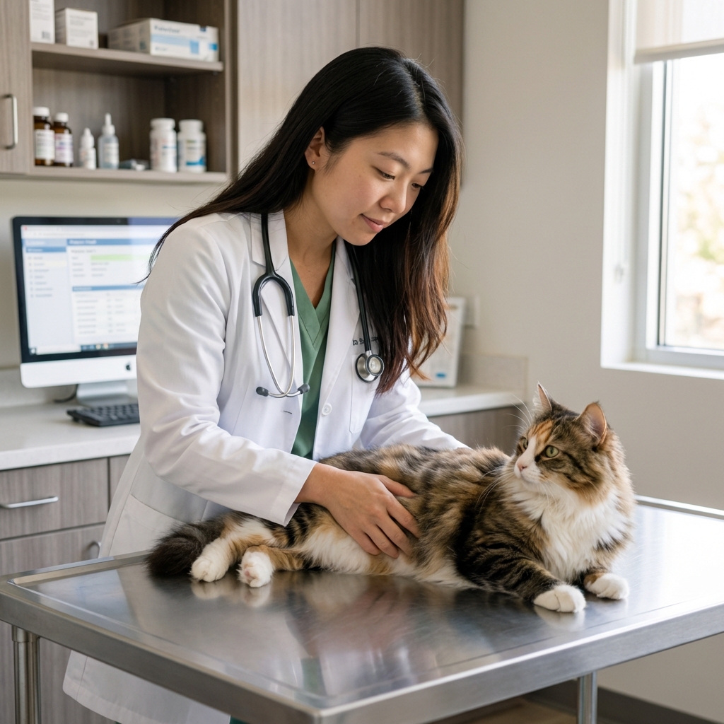A real photo of a veterinarian gently examining a cat on an exam table in a clinic