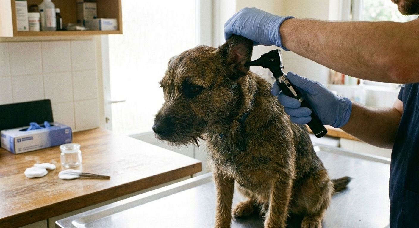 A real photo of a veterinarian gently examining a dog's ear in a clinic exam room