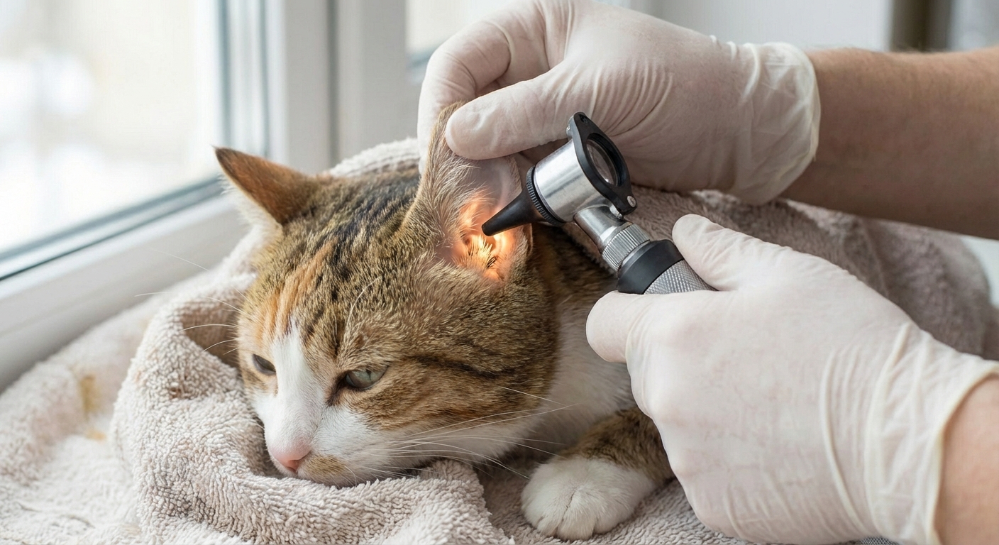 A real photo of a veterinarian gently examining a cat's ear with an otoscope in a clinic setting