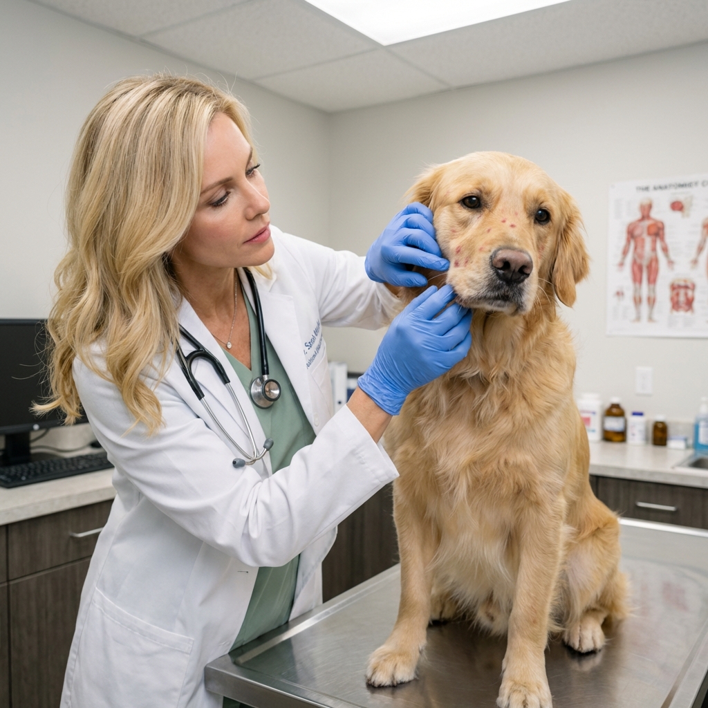 A real photo of a veterinarian gently examining a dog's face in a clinic exam room