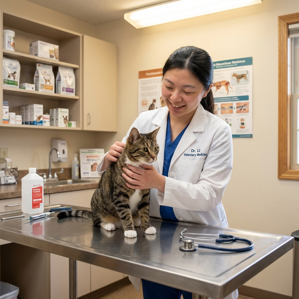A real photo of a veterinarian gently holding a cat on an exam table in a clinic