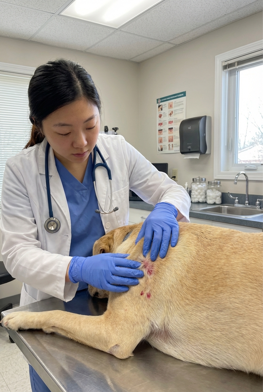A real photo of a veterinarian gently parting a dog’s fur during a skin check in a clinic exam room