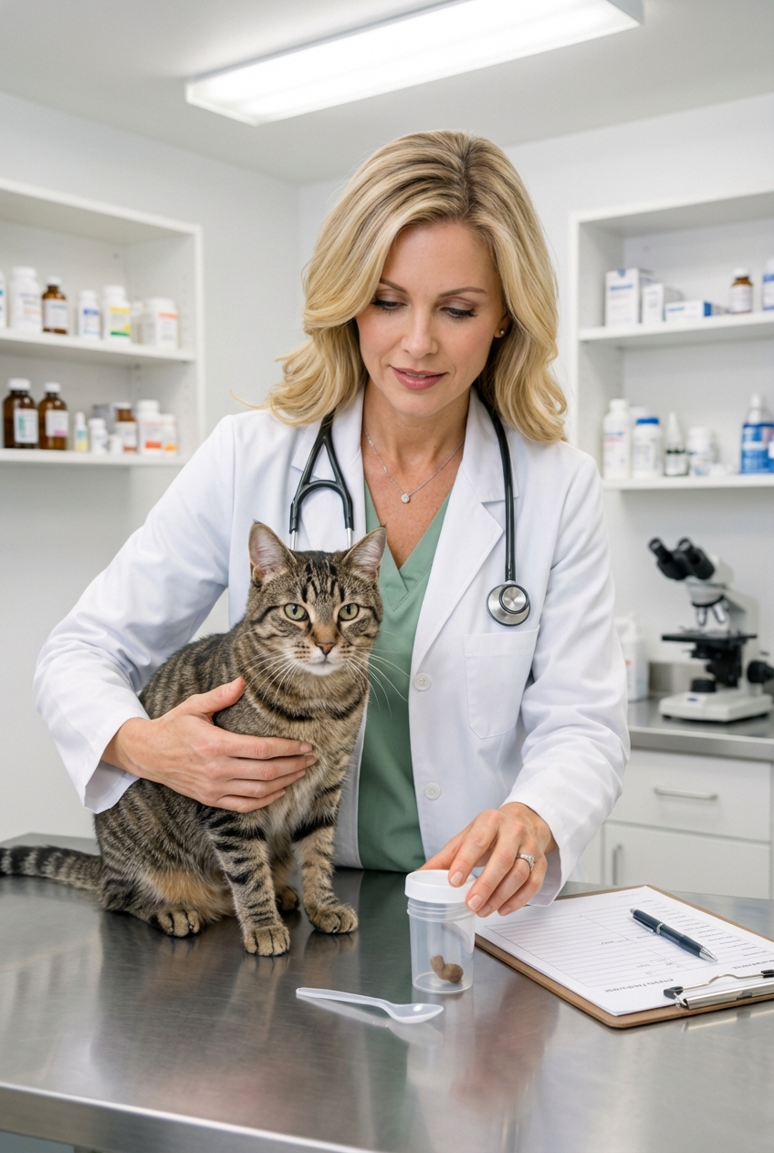 A real photo of a veterinarian holding a cat gently on an exam table while preparing a fecal sample container