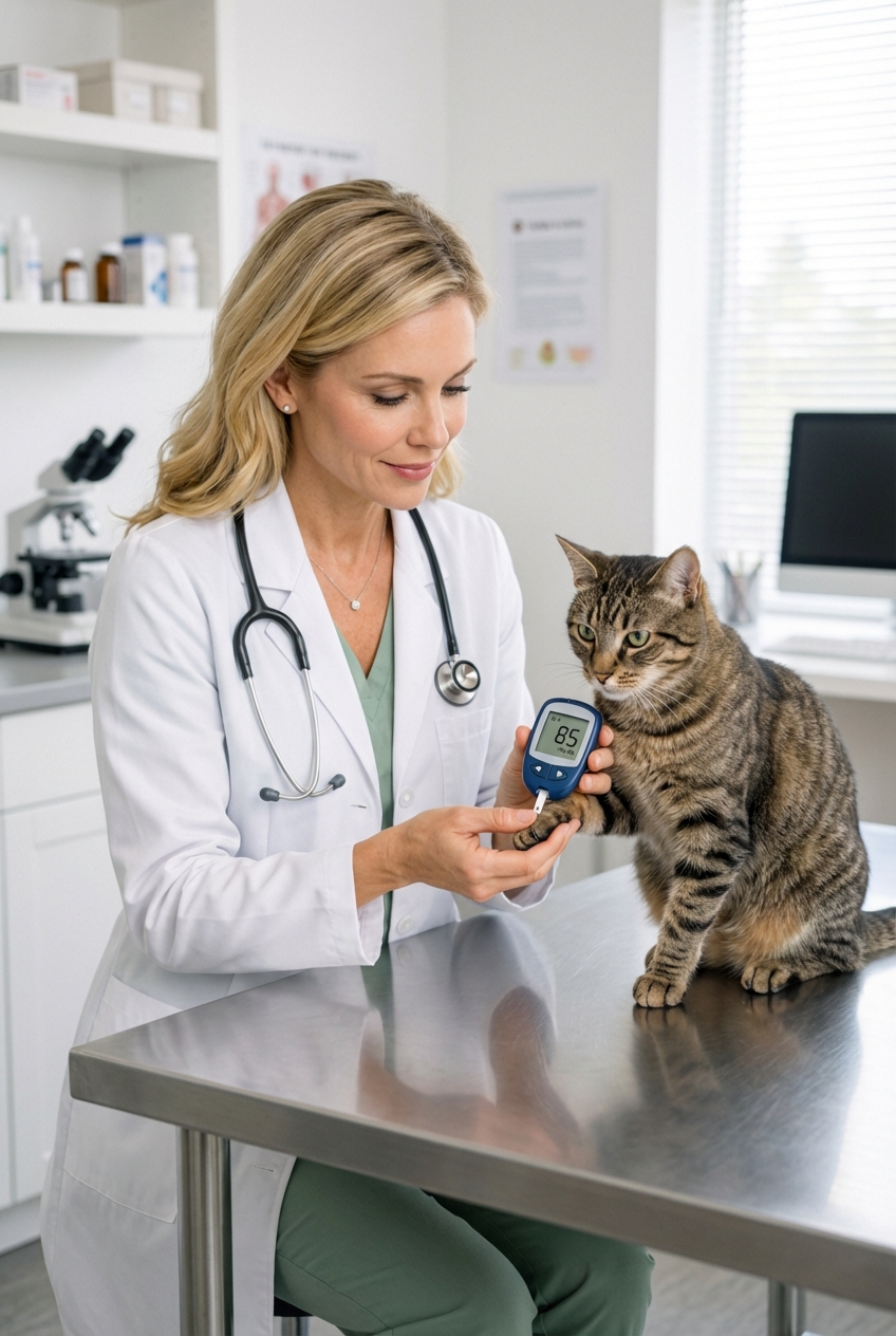 A real photo of a veterinarian in a clinic gently holding a cat’s paw while using a small handheld blood glucose meter