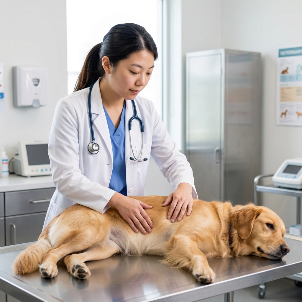 A real photo of a veterinarian in a clinic gently palpating a dog’s abdomen on an exam table