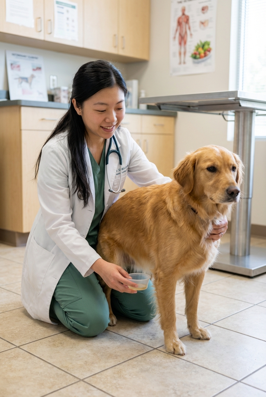 A real photo of a veterinarian in a clinic gently holding a dog while preparing to collect a urine sample