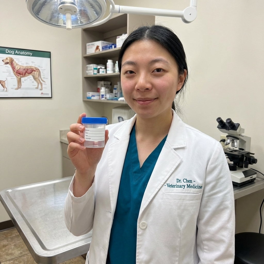 A real photo of a veterinarian in scrubs holding a small labeled sample container in a clinic exam room