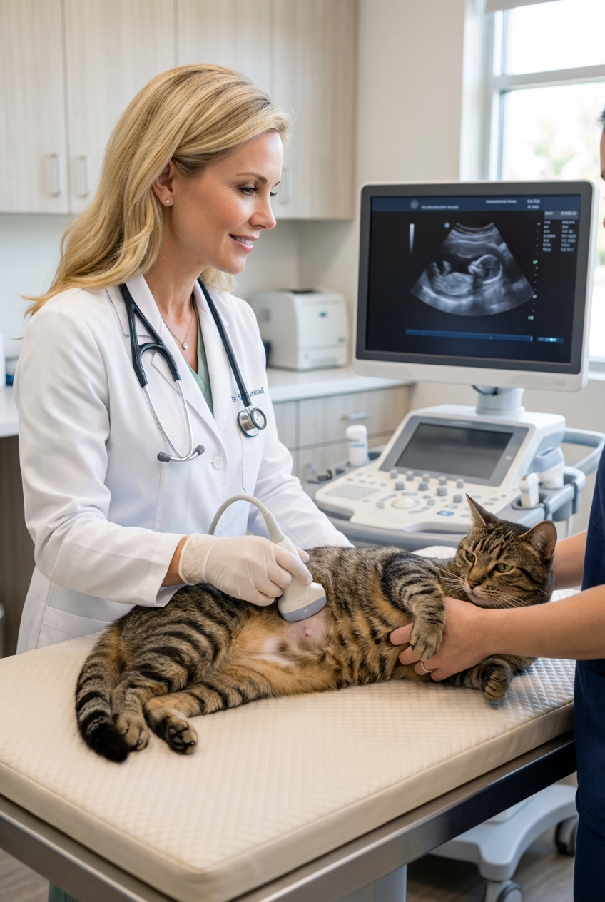 A real photo of a veterinarian performing an ultrasound exam on a calm cat lying on a padded table