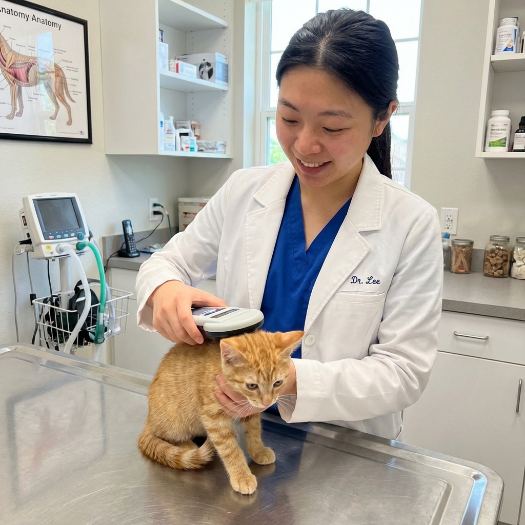 A real photo of a veterinarian scanning a kitten for a microchip while the kitten is gently held on an exam table
