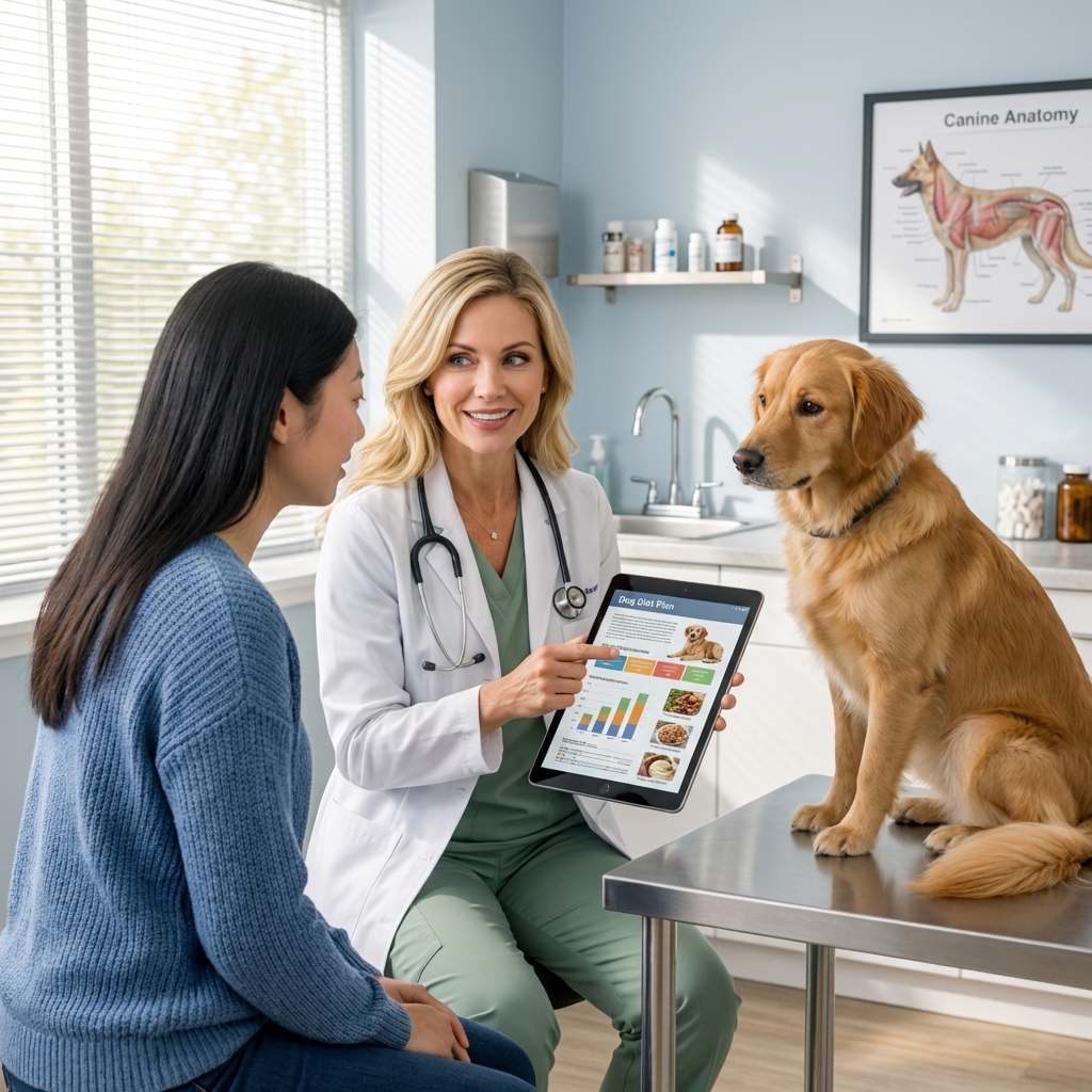 A real photo of a veterinarian speaking with a dog owner in a bright exam room while reviewing a diet plan on a tablet, with a medium-sized dog sitting calmly