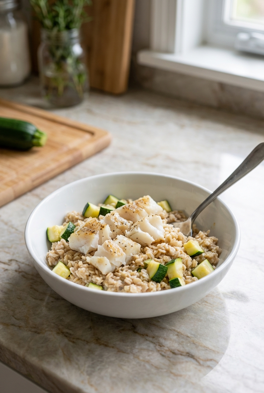 A real photo of a white ceramic bowl containing cooked cod flakes, oatmeal, and chopped steamed zucchini on a kitchen counter