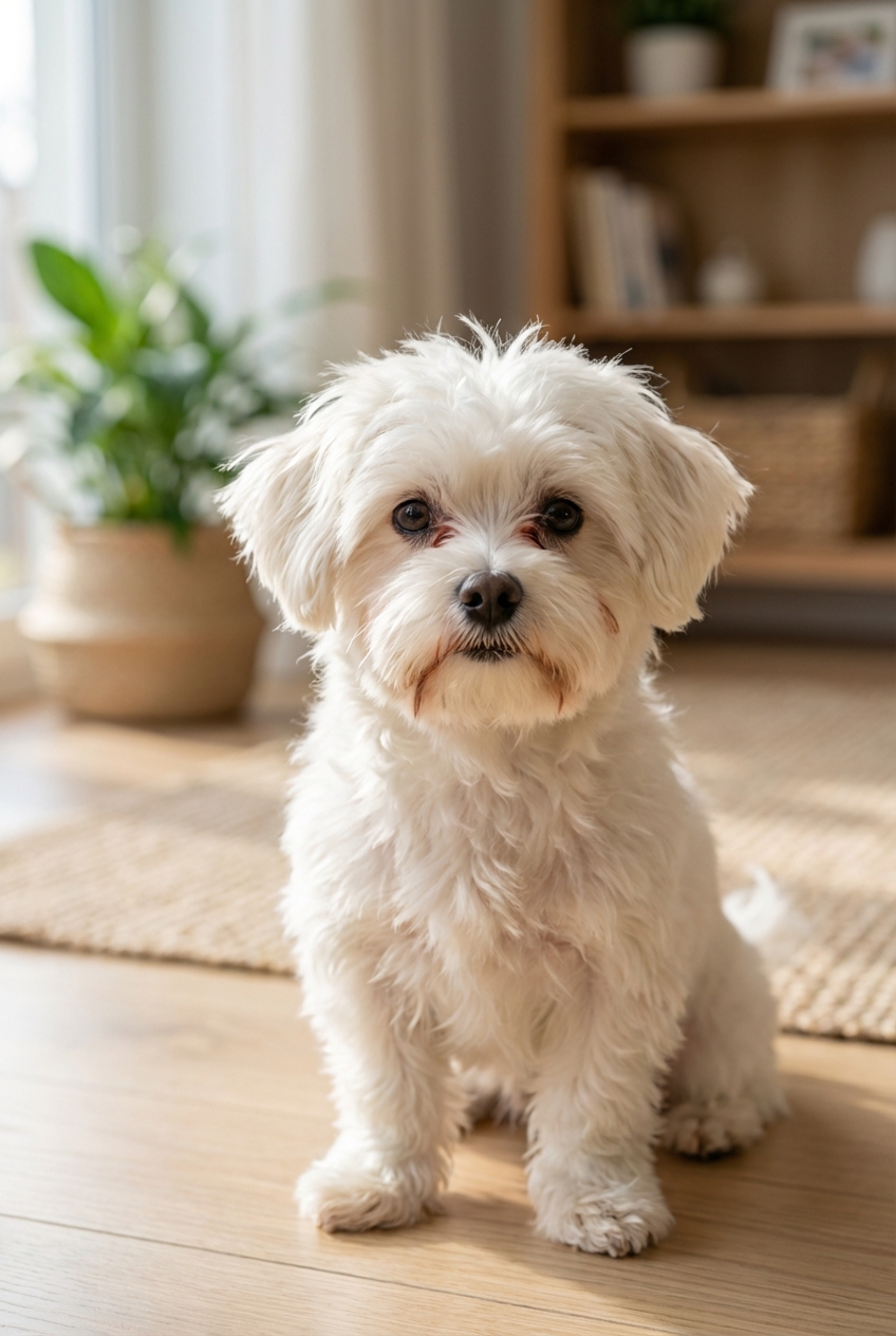 A real photo of a white fluffy small dog with mild tear staining beneath one eye in natural indoor lighting