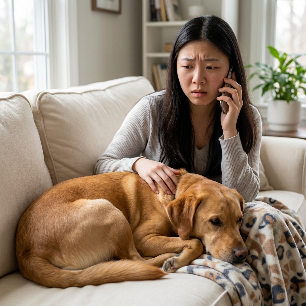 A real photo of a worried owner on a phone next to a dog resting on a blanket