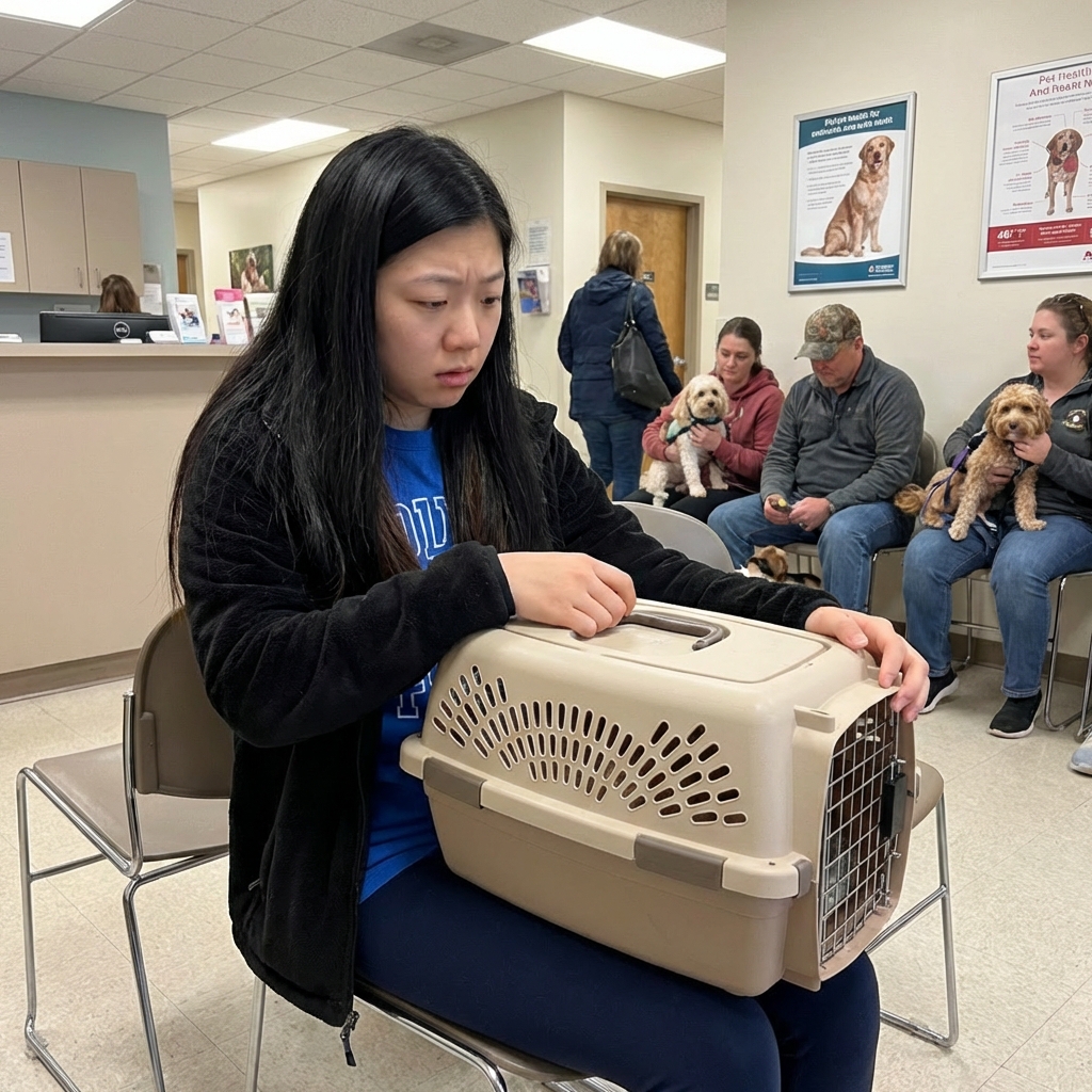 A real photo of a worried pet owner holding a cat carrier in a veterinary clinic waiting room