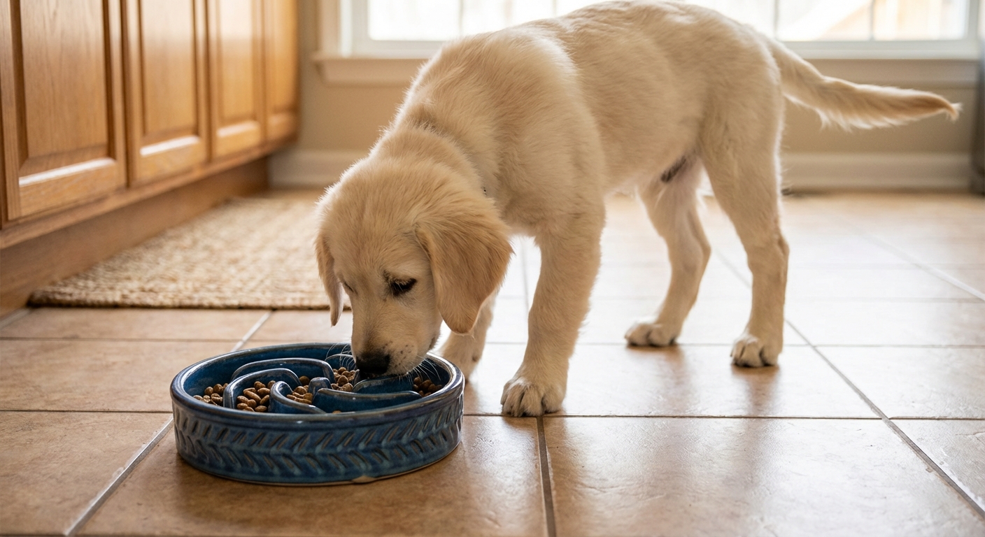 A real photo of a young dog sniffing a slow feeder bowl on a kitchen floor