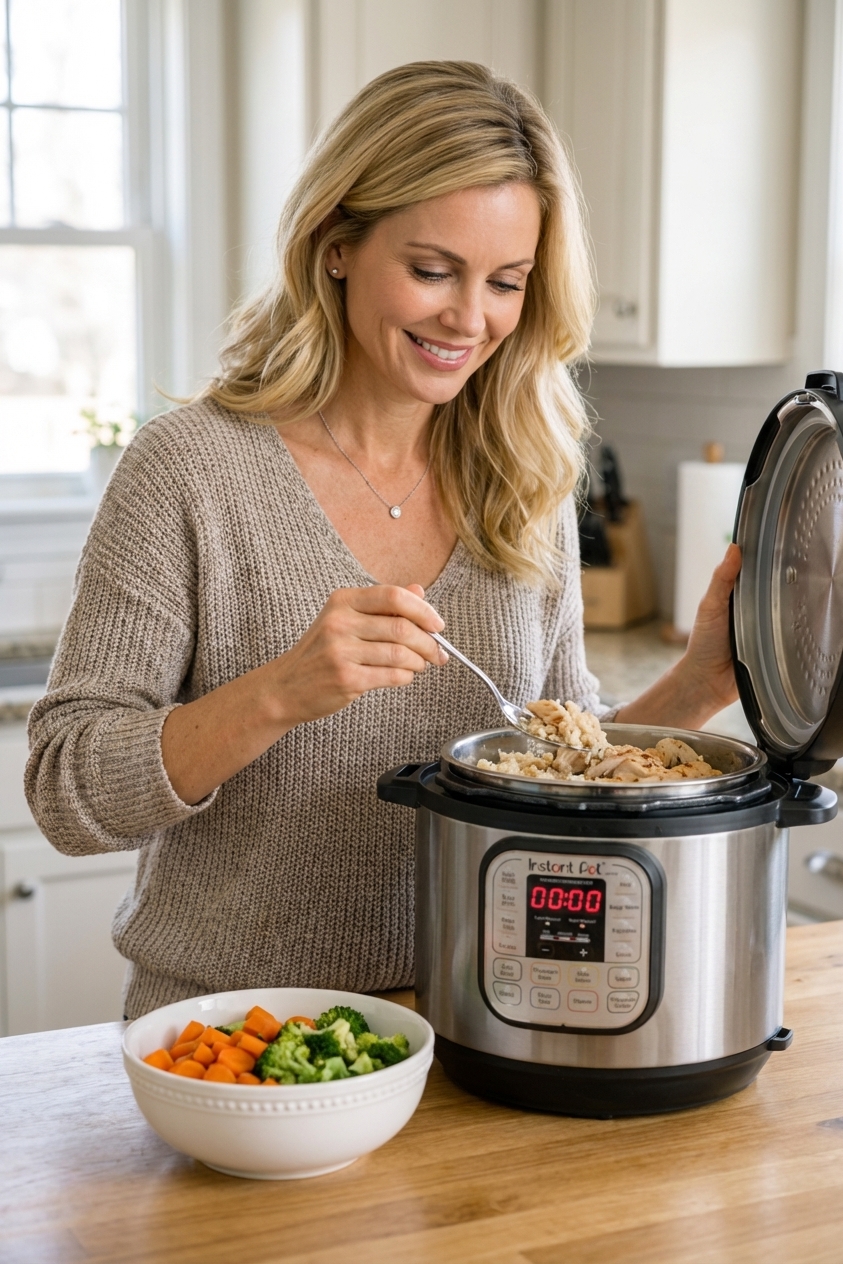 A real photo of an Instant Pot on a kitchen counter with cooked chicken, rice, and chopped vegetables in a nearby bowl, natural lighting