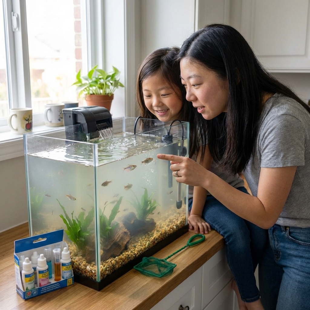 A real photo of an adult and child looking closely at fish in a home aquarium with a net and water test kit on the table