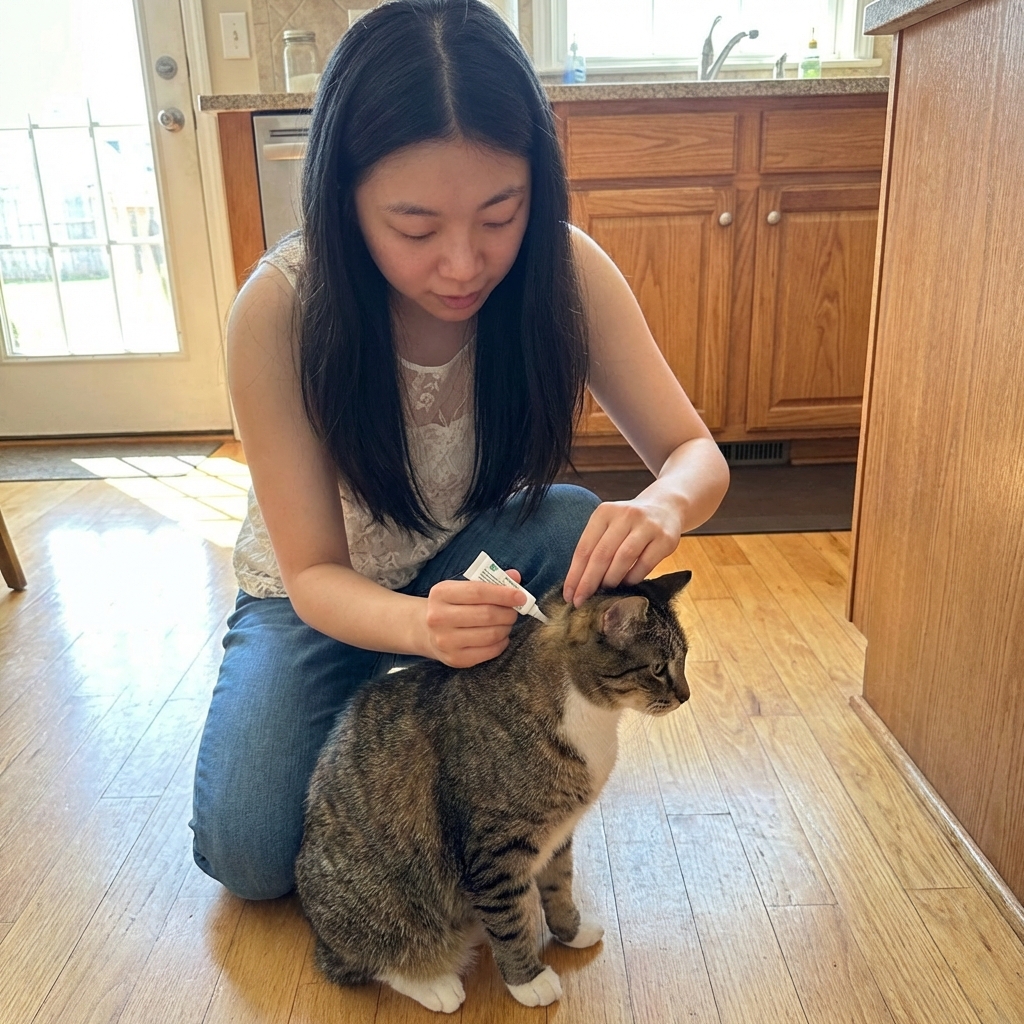 A real photo of an adult applying a topical flea preventive to a calm indoor cat on a kitchen floor
