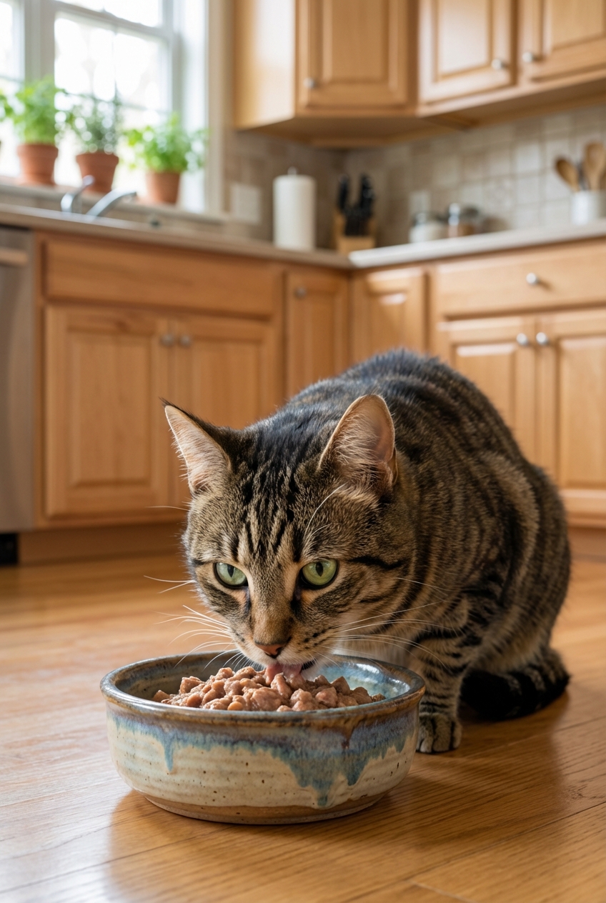 A real photo of an adult cat eating wet food from a ceramic bowl in a quiet kitchen