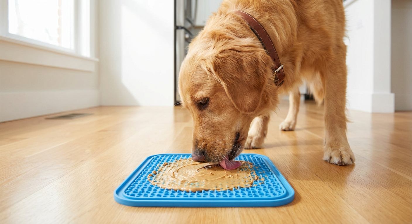 A real photo of an adult dog licking a lick mat with a thin layer of peanut butter on a clean floor
