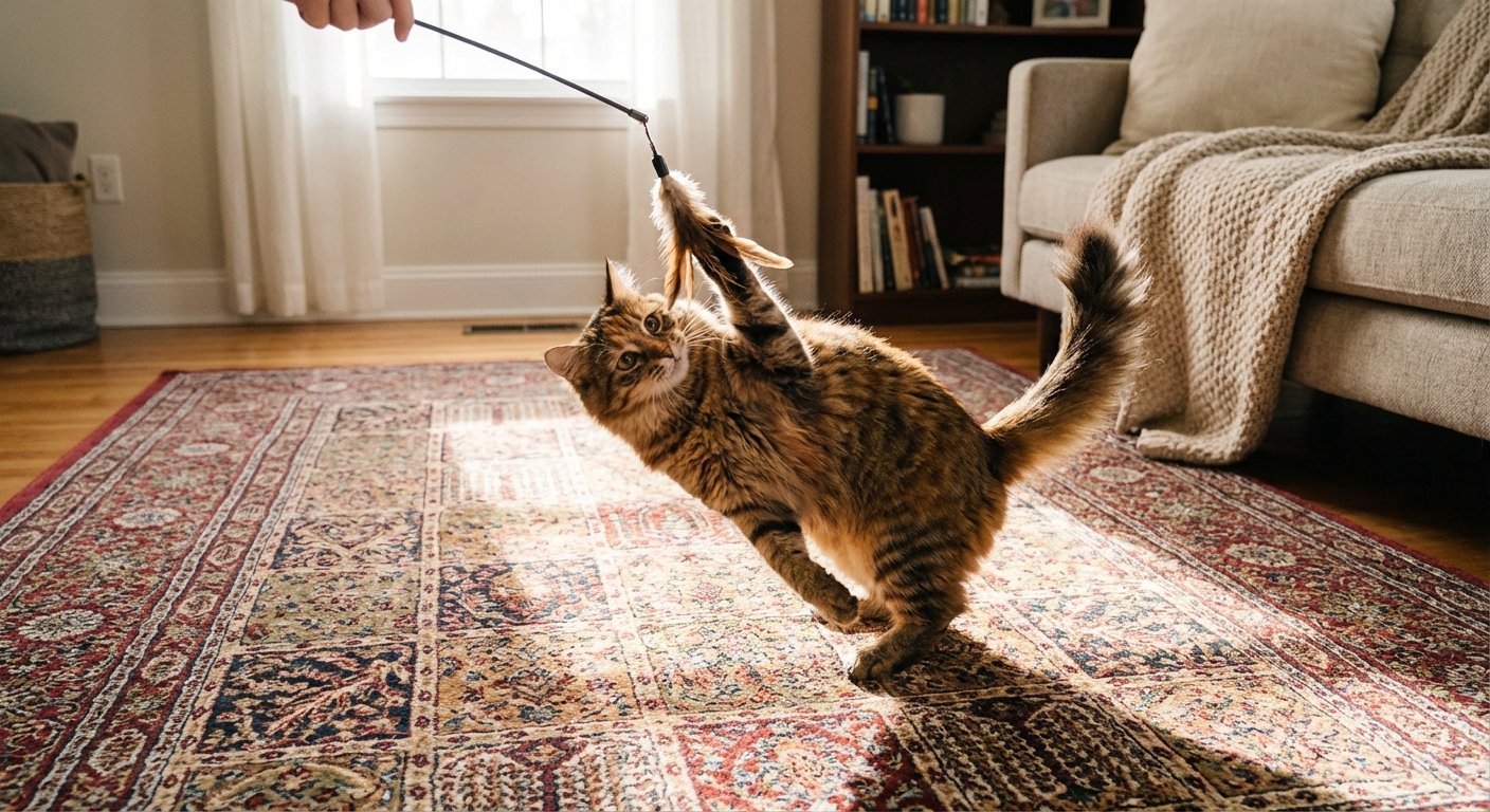 A real photo of an indoor cat playing with a wand toy on a living room rug