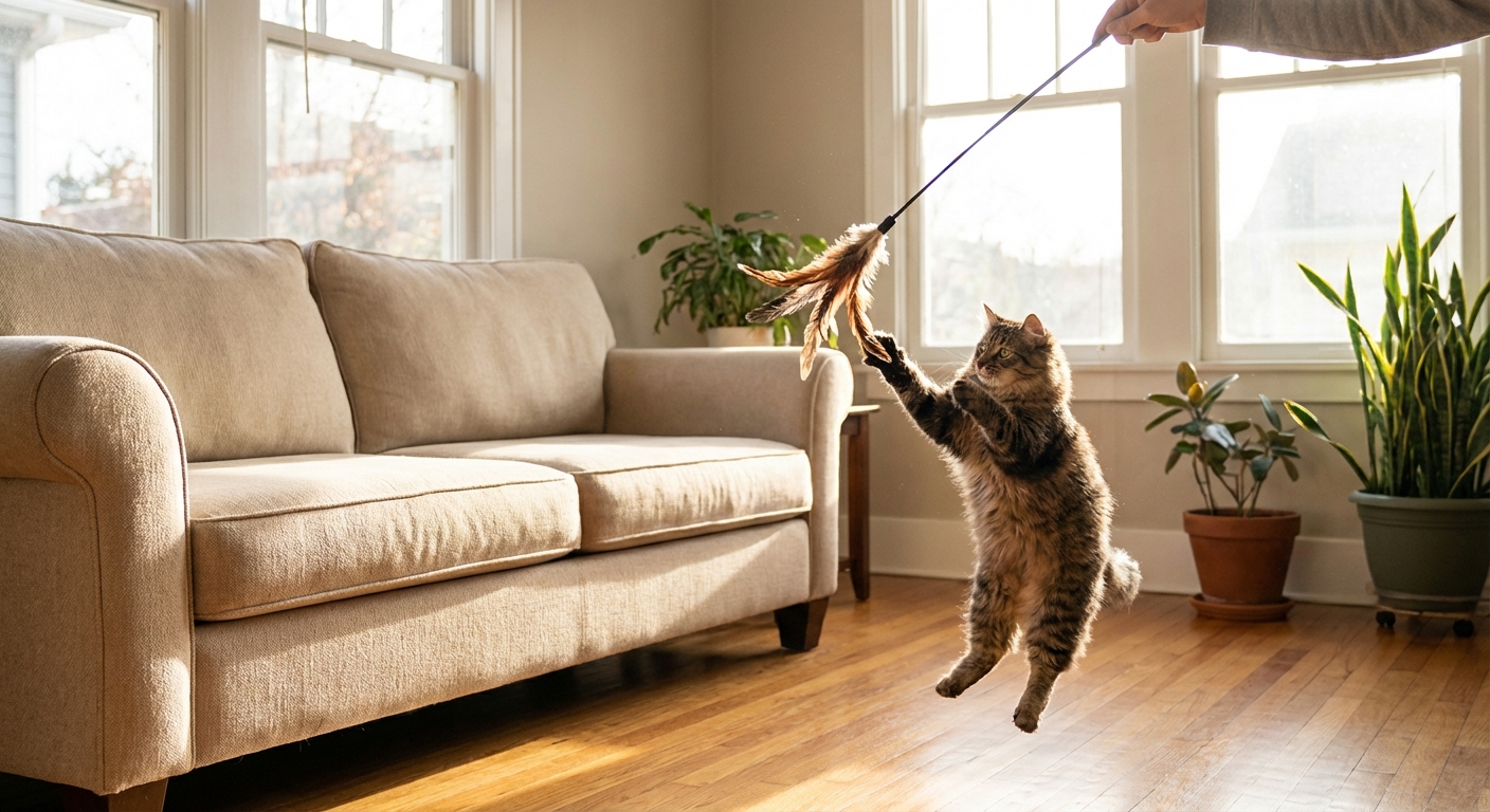 A real photo of an indoor cat playing with a wand toy in a bright living room