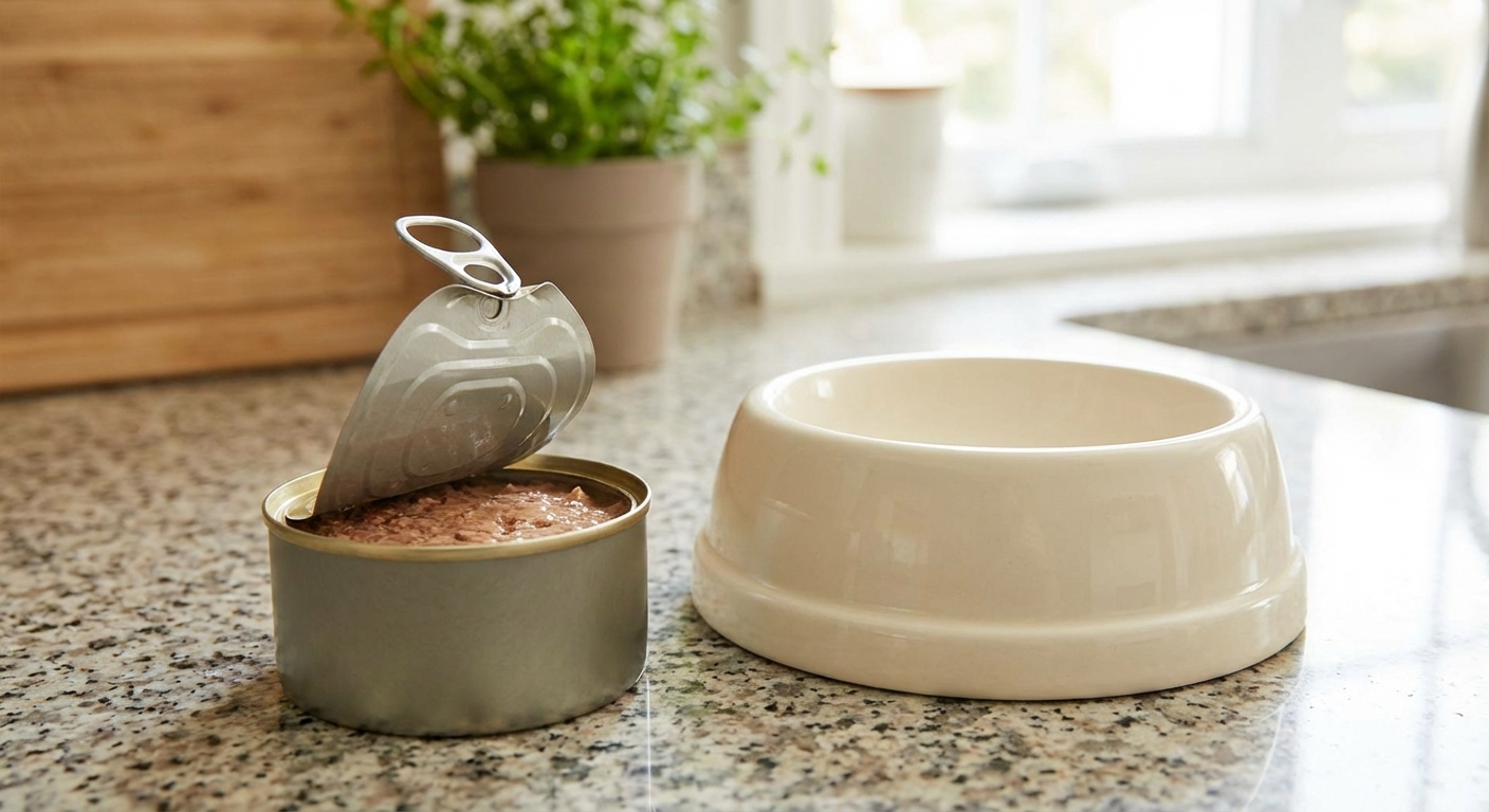 A real photo of an open can of wet cat food next to a clean ceramic cat bowl on a countertop