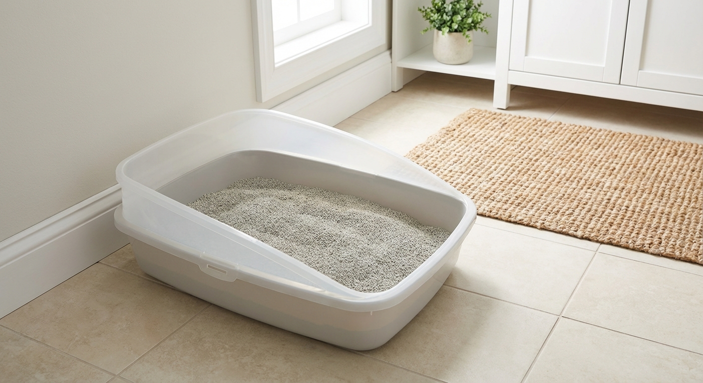 A real photo of an open litter box in a quiet bathroom corner with unscented litter