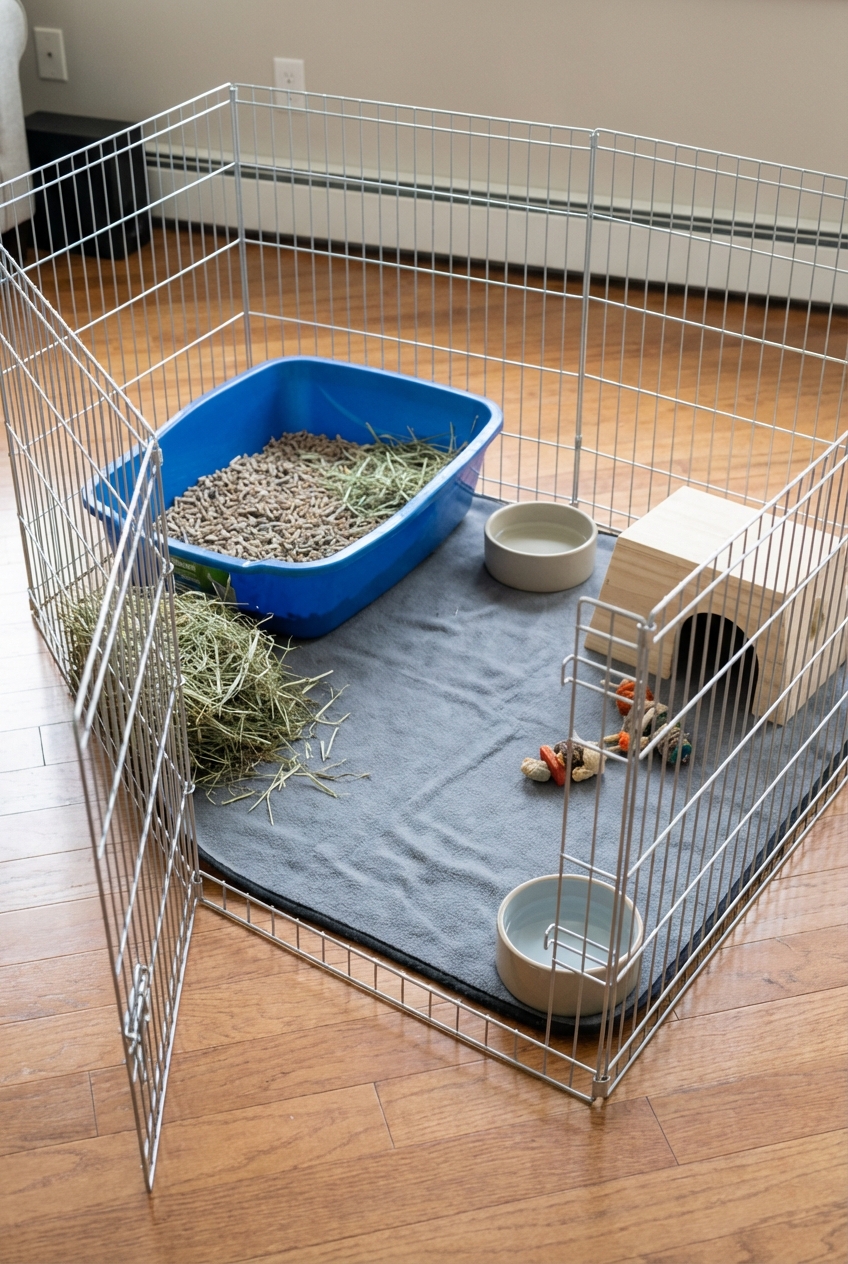 A real photo of an open rabbit pen with a large cat-sized litter box placed in one corner