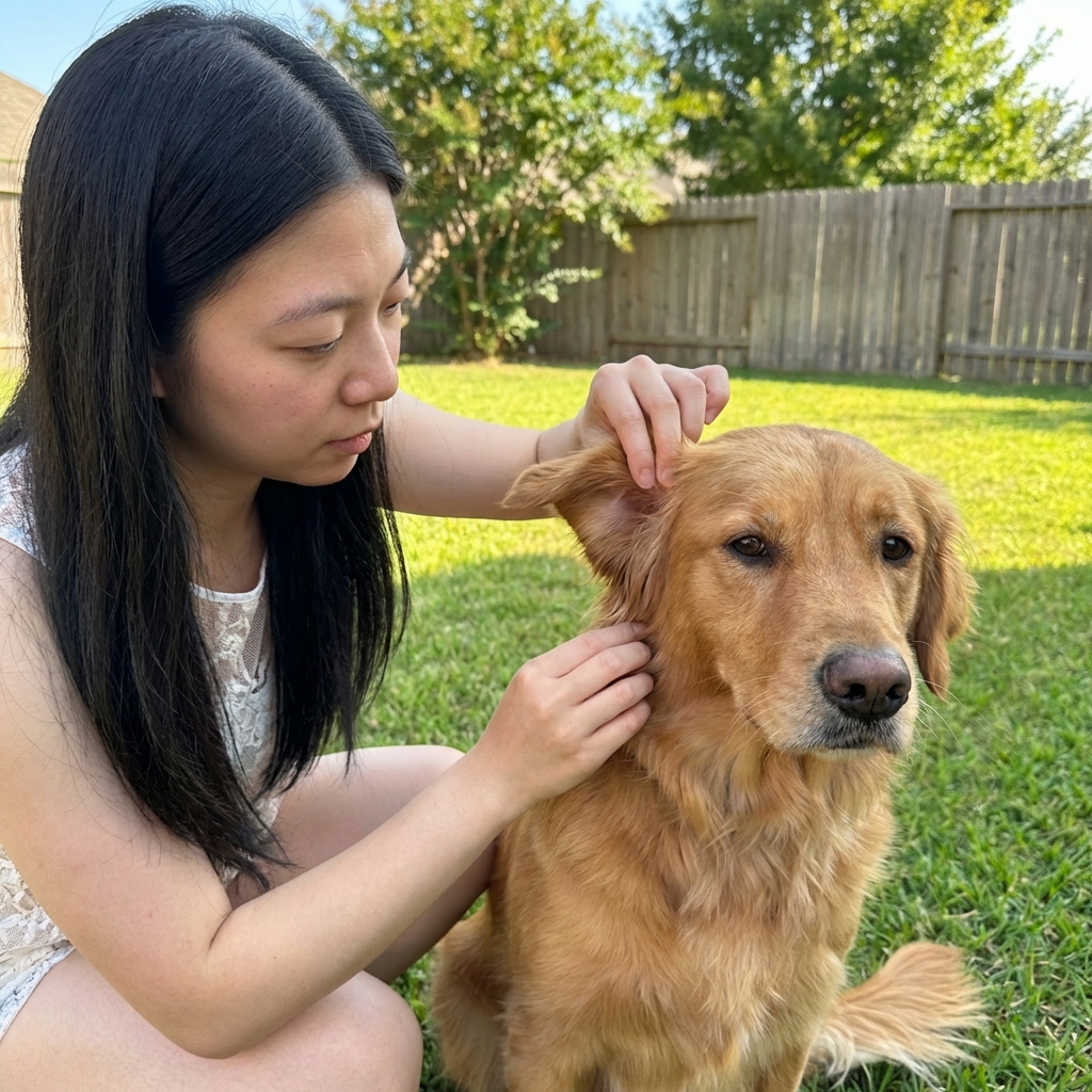 A real photo of an owner using their hands to check a dog’s ears and neck for ticks outdoors in daylight