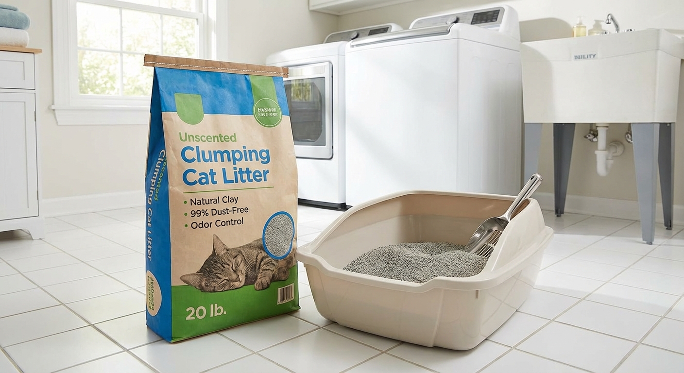 A real photo of an unscented cat litter bag next to a clean litter box in a bright laundry room