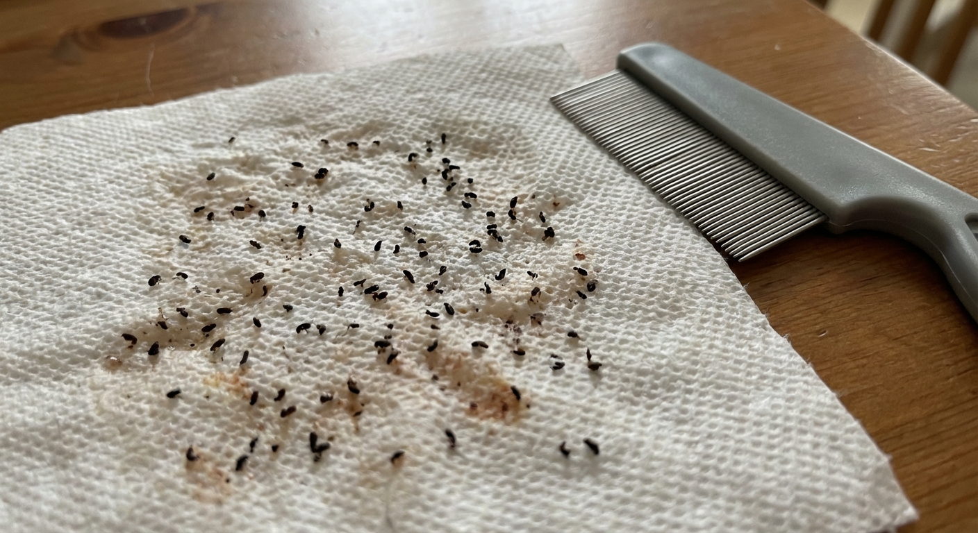 A real photo of black flea dirt specks on a damp white paper towel next to a flea comb