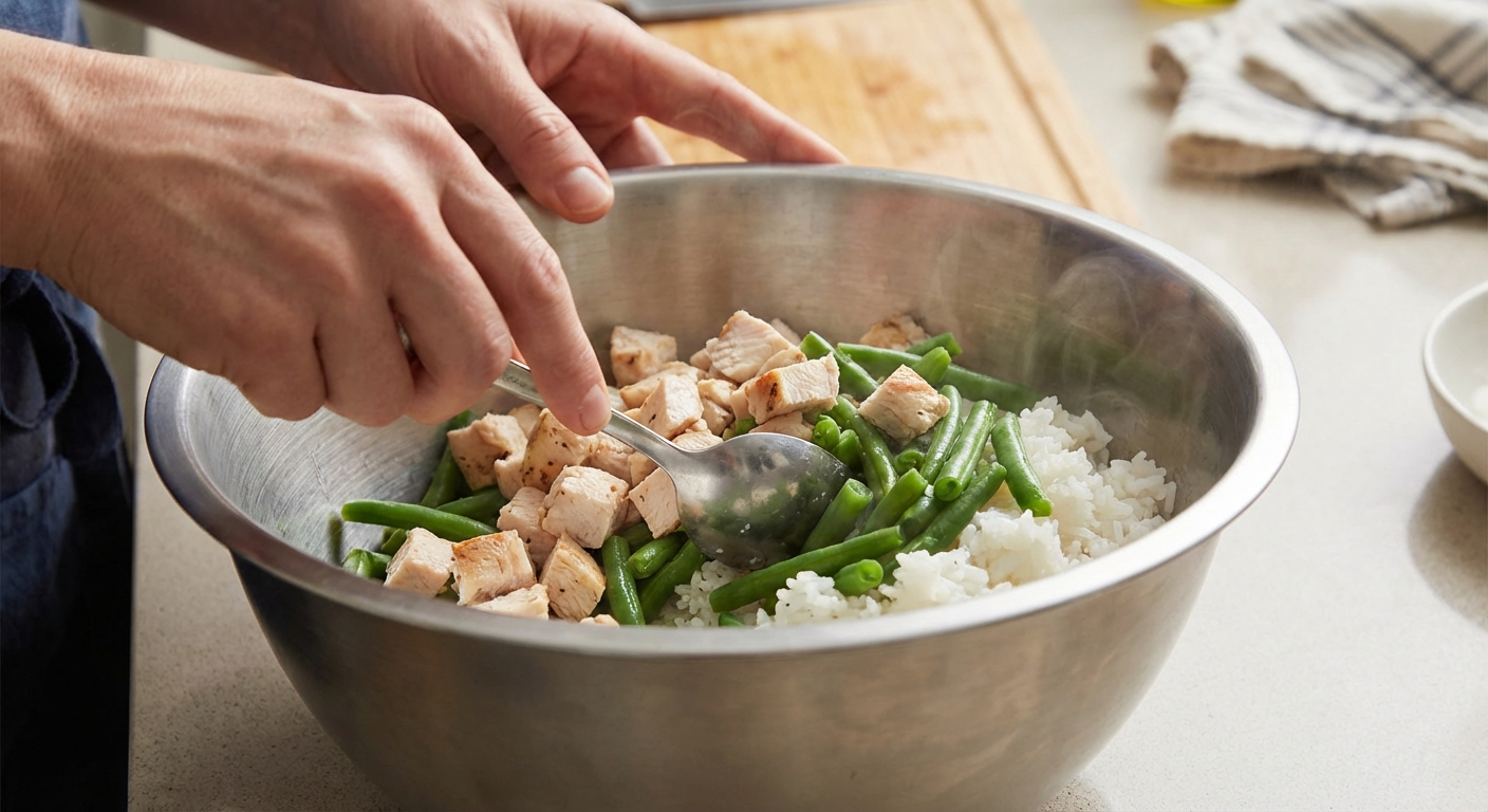 A real photo of chopped cooked chicken, steamed green beans, and rice being mixed in a stainless steel bowl