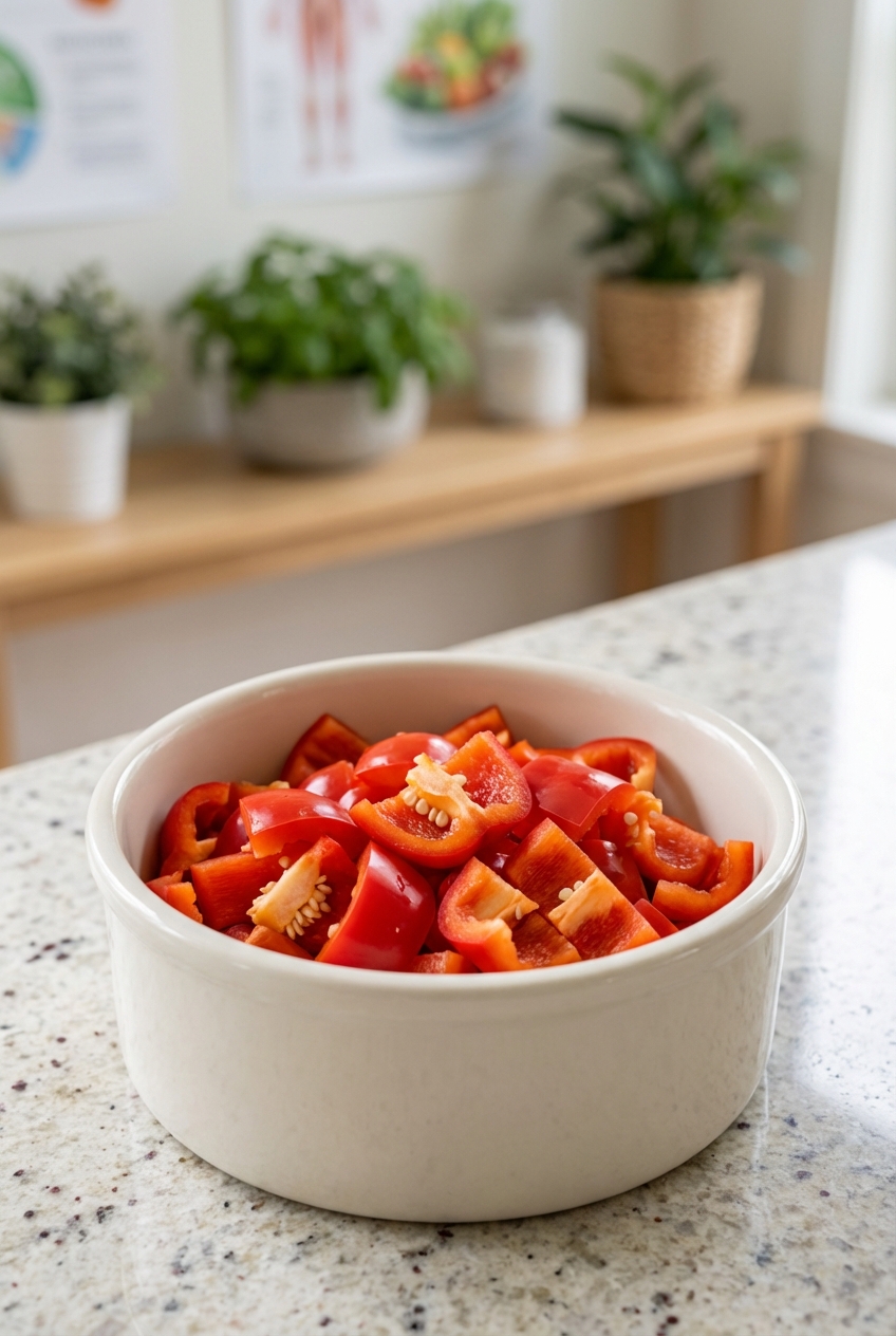 A real photo of chopped red bell pepper pieces in a plain ceramic dog bowl on a countertop