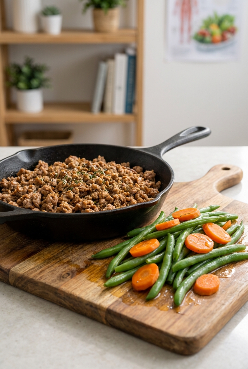 A real photo of cooked ground turkey in a skillet with steamed green beans and carrots on a wooden cutting board nearby