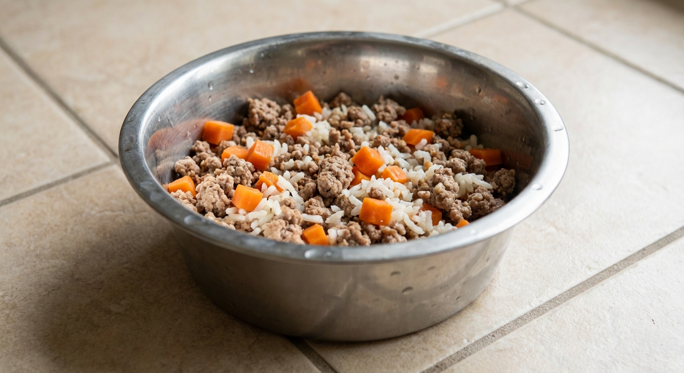 A real photo of cooked ground turkey, steamed carrots, and rice in a stainless steel dog bowl on a clean kitchen tile floor