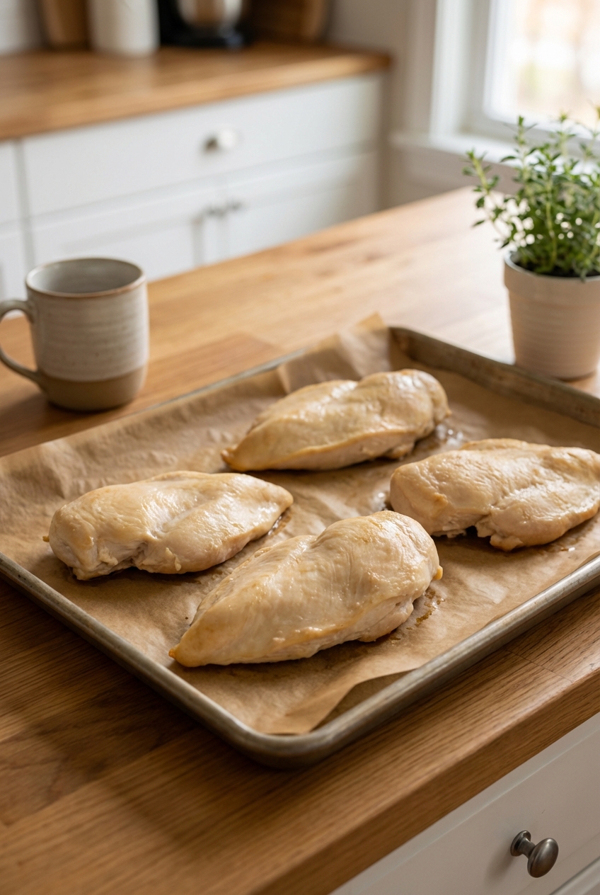 A real photo of cooked, unseasoned chicken breast pieces cooling on a parchment-lined baking sheet in a home kitchen