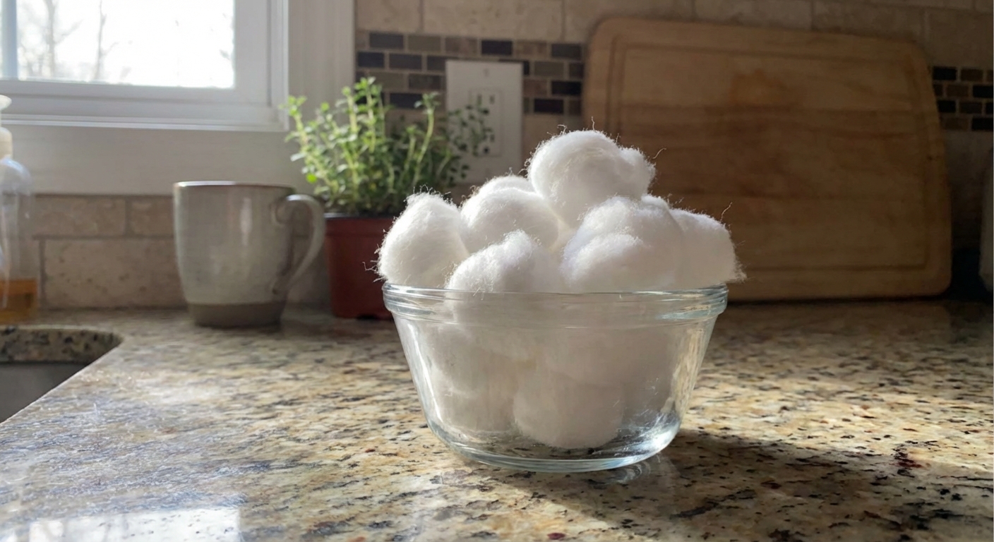 A real photo of cotton balls in a small glass bowl on a kitchen counter