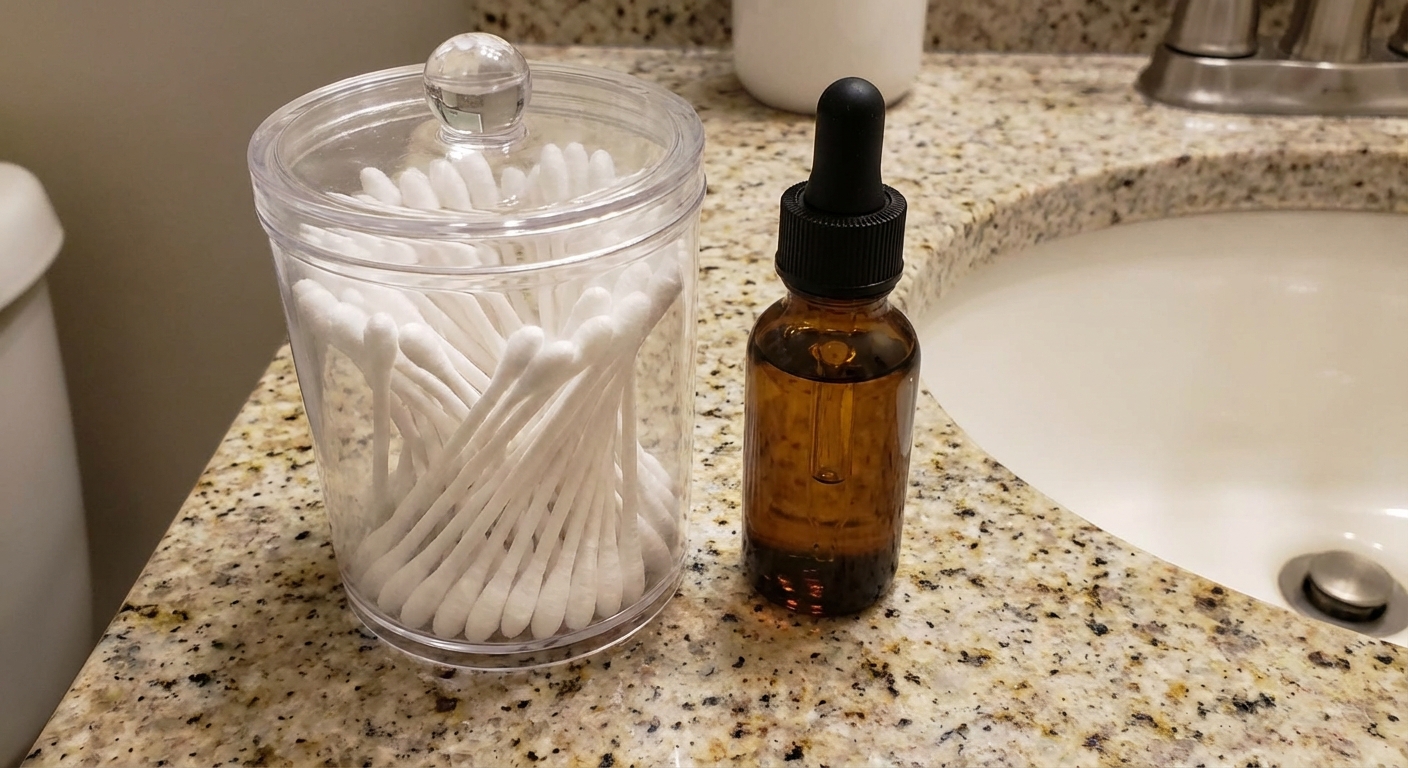 A real photo of cotton swabs and a small bottle on a bathroom counter