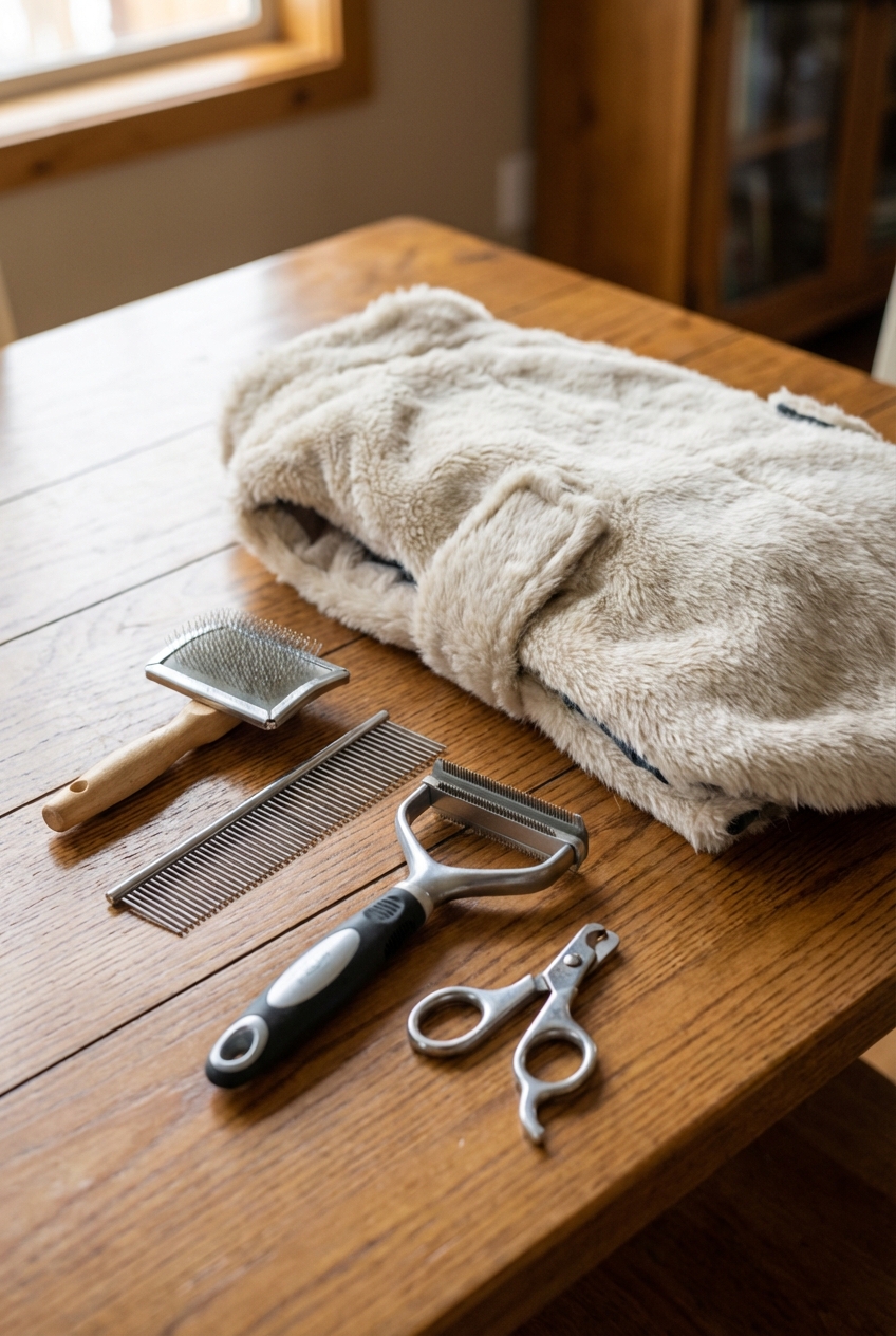 A real photo of dog grooming tools laid on a wooden table next to a brushable dog coat