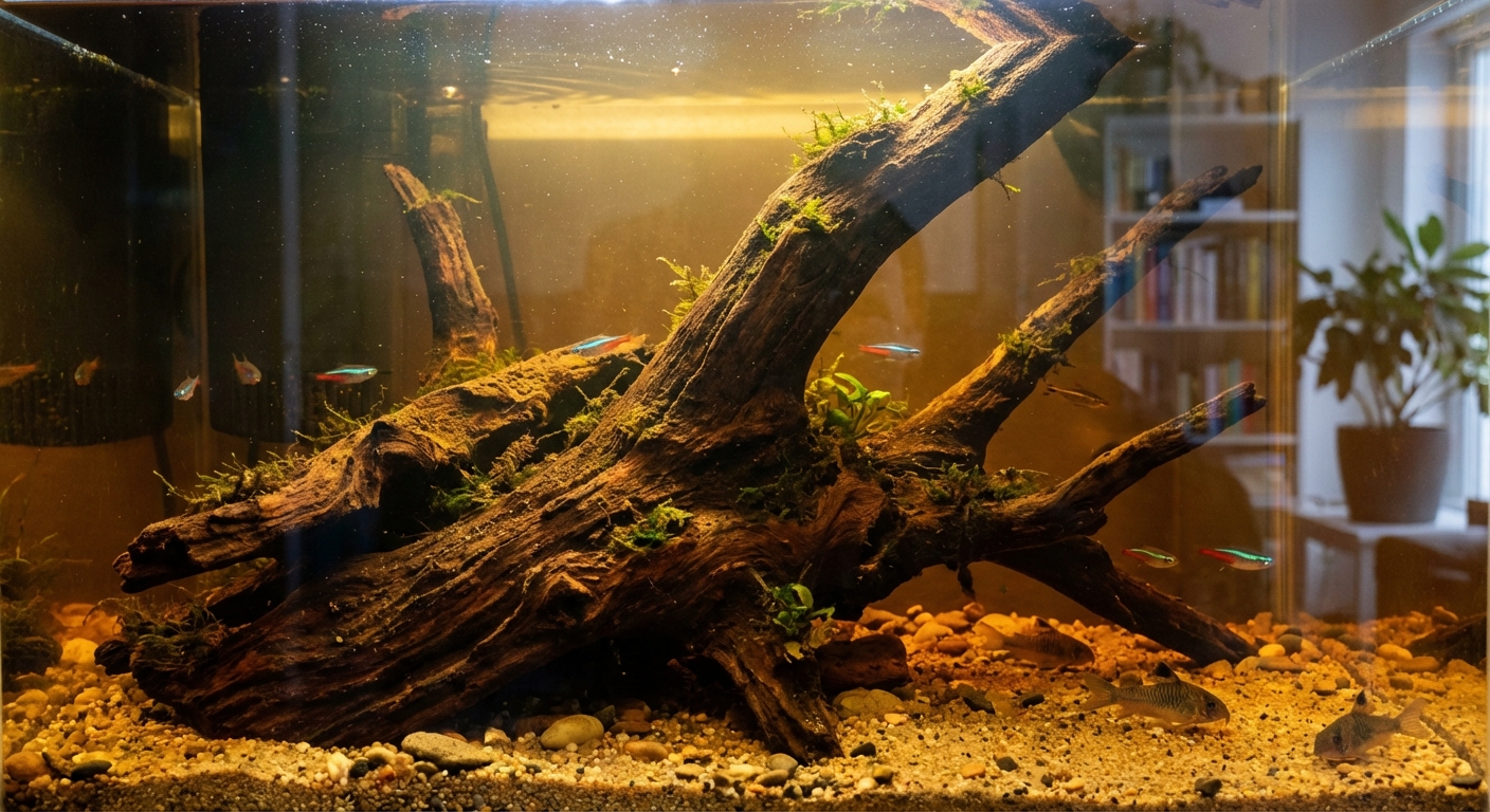 A real photo of driftwood inside a freshwater aquarium with slightly amber-tinted water