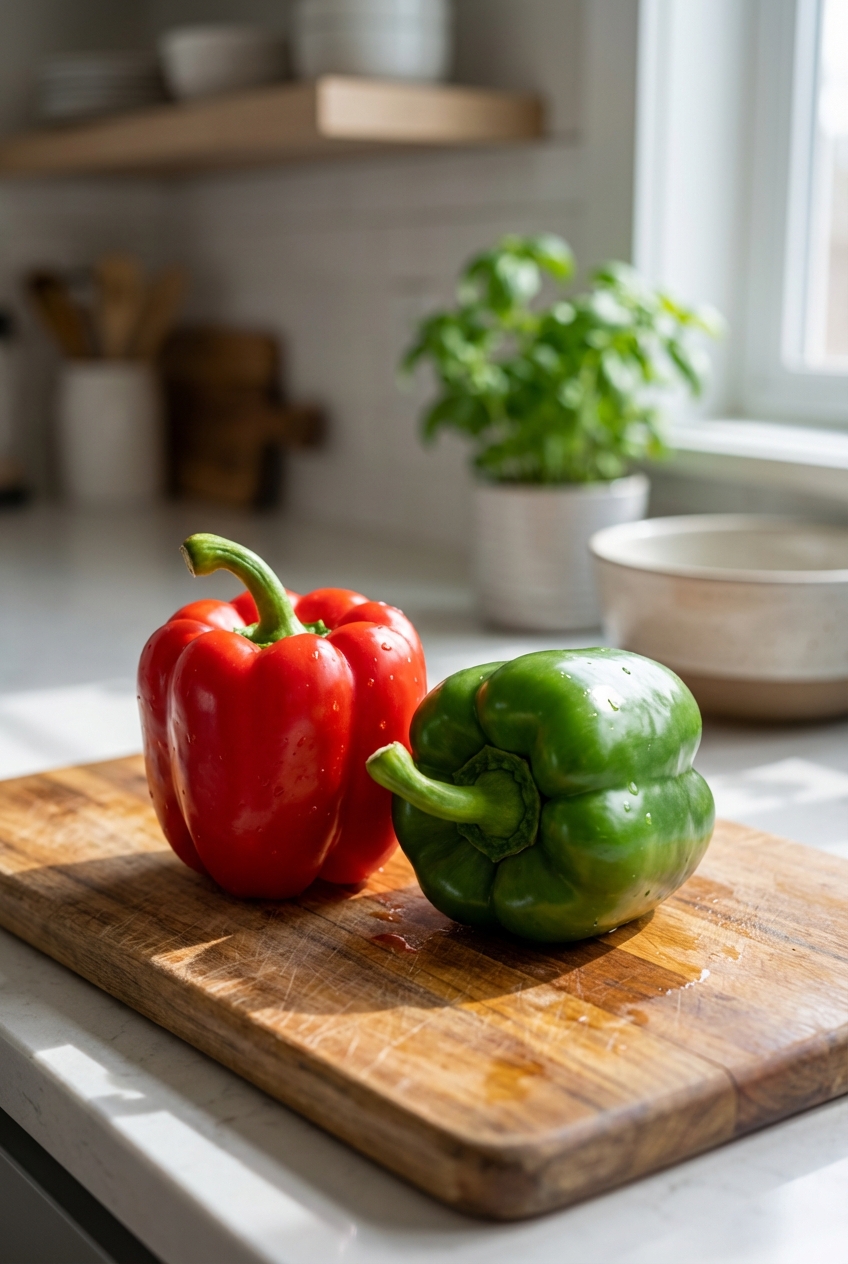 A real photo of fresh whole red and green bell peppers on a wooden cutting board in a home kitchen