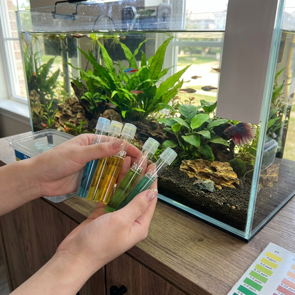 A real photo of hands holding aquarium test tubes next to a freshwater tank